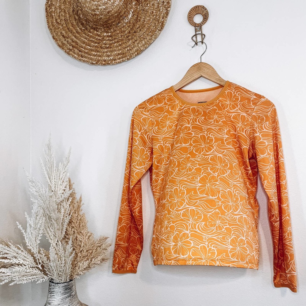 Patagonia Capilene Athleisure Outdoor Floral Long Sleeve Top Yellow Orange Small